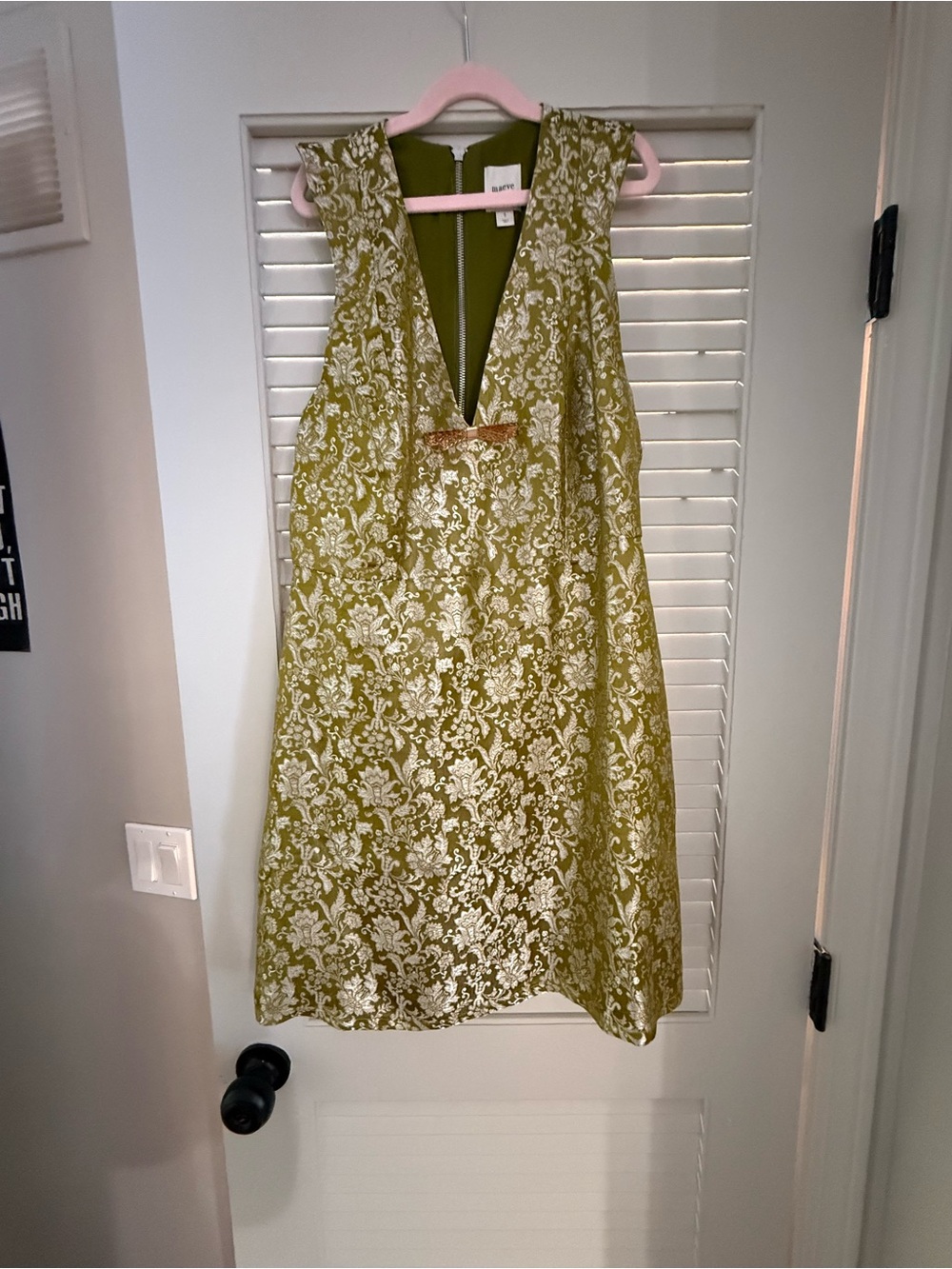 Maeve Olive Green Jacquard Mini Dress with Front Bow Accent